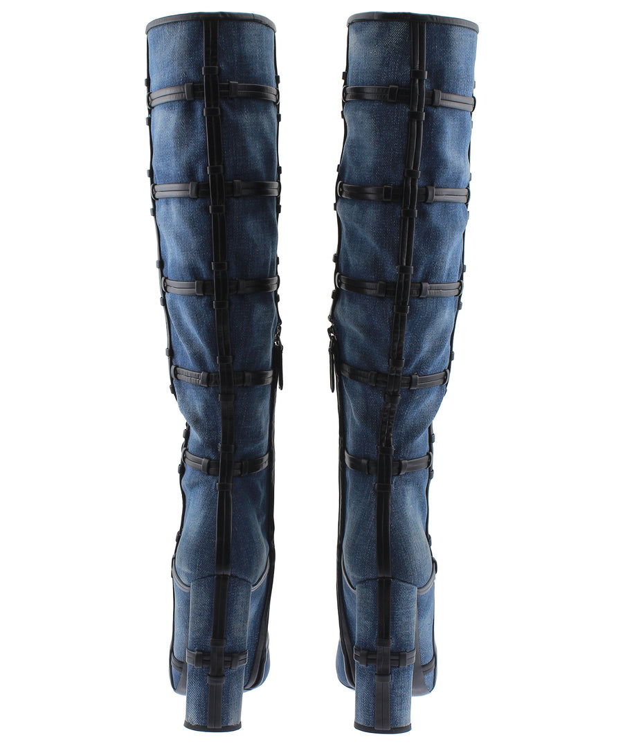 TOM FORD Denim Fabric Leather Trim High Knee Boots W1532T-DEN