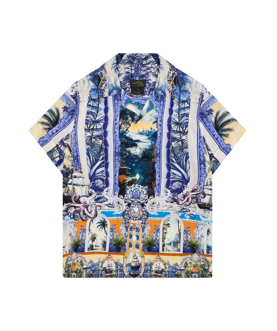 CAMILLA Song Of Saint Anthony Polo 00034058 featuring bold artistic prints, classic collar, and short sleeves for a stylish, elevated casual look.