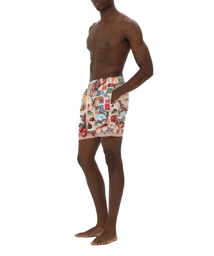 The CAMILLA Notes From The Road Boardshort 00037066 features bold prints, adjustable drawcord, and quick-dry fabric—perfect for stylish days by the water.