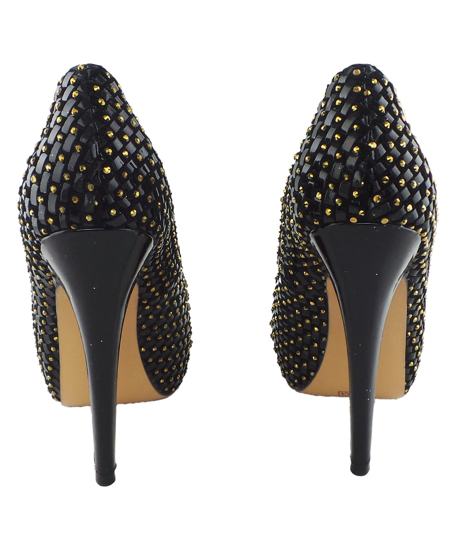 Benjamin Adams Vigo Black &amp; Gold Studded Peep-Toe Heels. Elegant, bold, and perfect for making a statement at any event