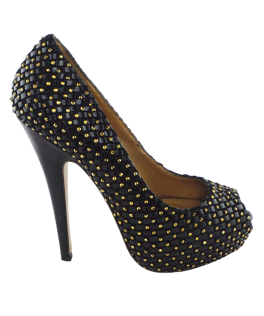Benjamin Adams Vigo Black &amp; Gold Studded Peep-Toe Heels. Elegant, bold, and perfect for making a statement at any event