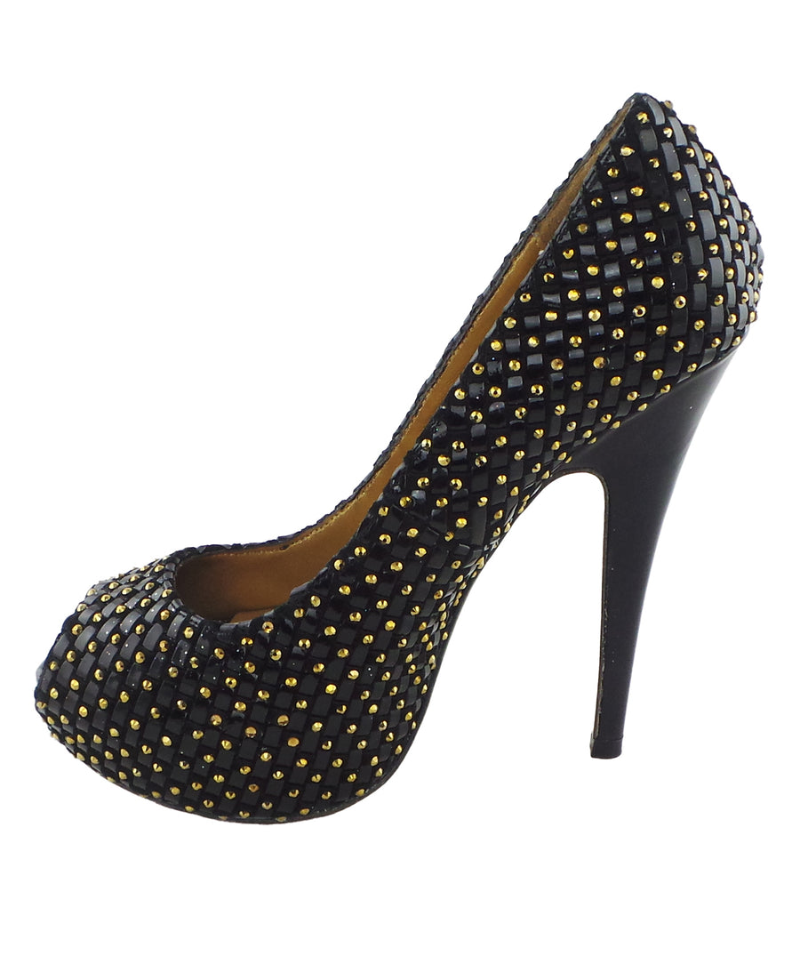 Benjamin Adams Vigo Black &amp; Gold Studded Peep-Toe Heels. Elegant, bold, and perfect for making a statement at any event
