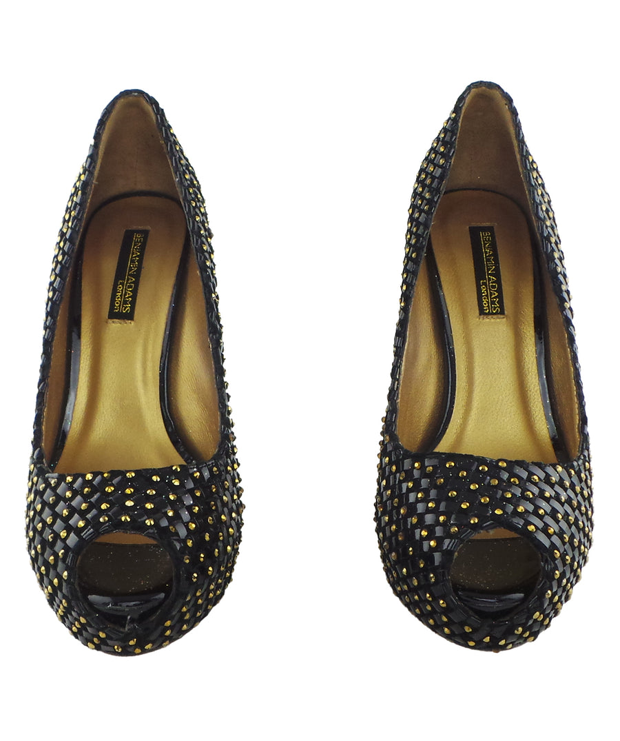 Benjamin Adams Vigo Black &amp; Gold Studded Peep-Toe Heels. Elegant, bold, and perfect for making a statement at any event