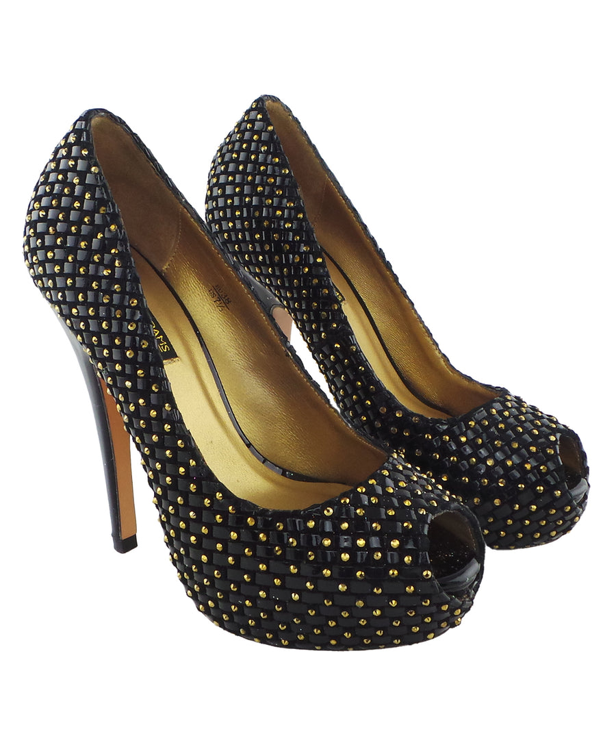 Benjamin Adams Vigo Black &amp; Gold Studded Peep-Toe Heels. Elegant, bold, and perfect for making a statement at any event