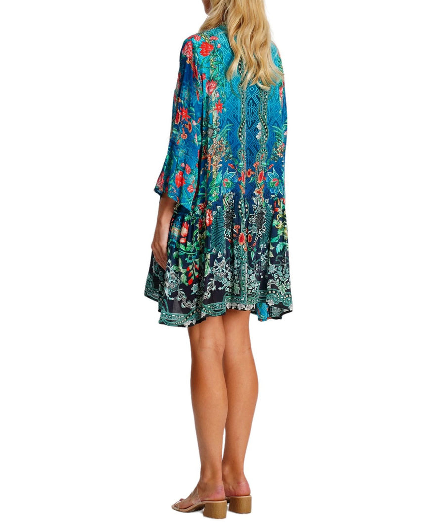 LA MODA Tropical Island Mid-Length Dress 25021 SM – A vibrant and breezy mid-length dress with a tropical print, lightweight fabric, and a flattering silhouette, perfect for warm-weather outings and resort wear