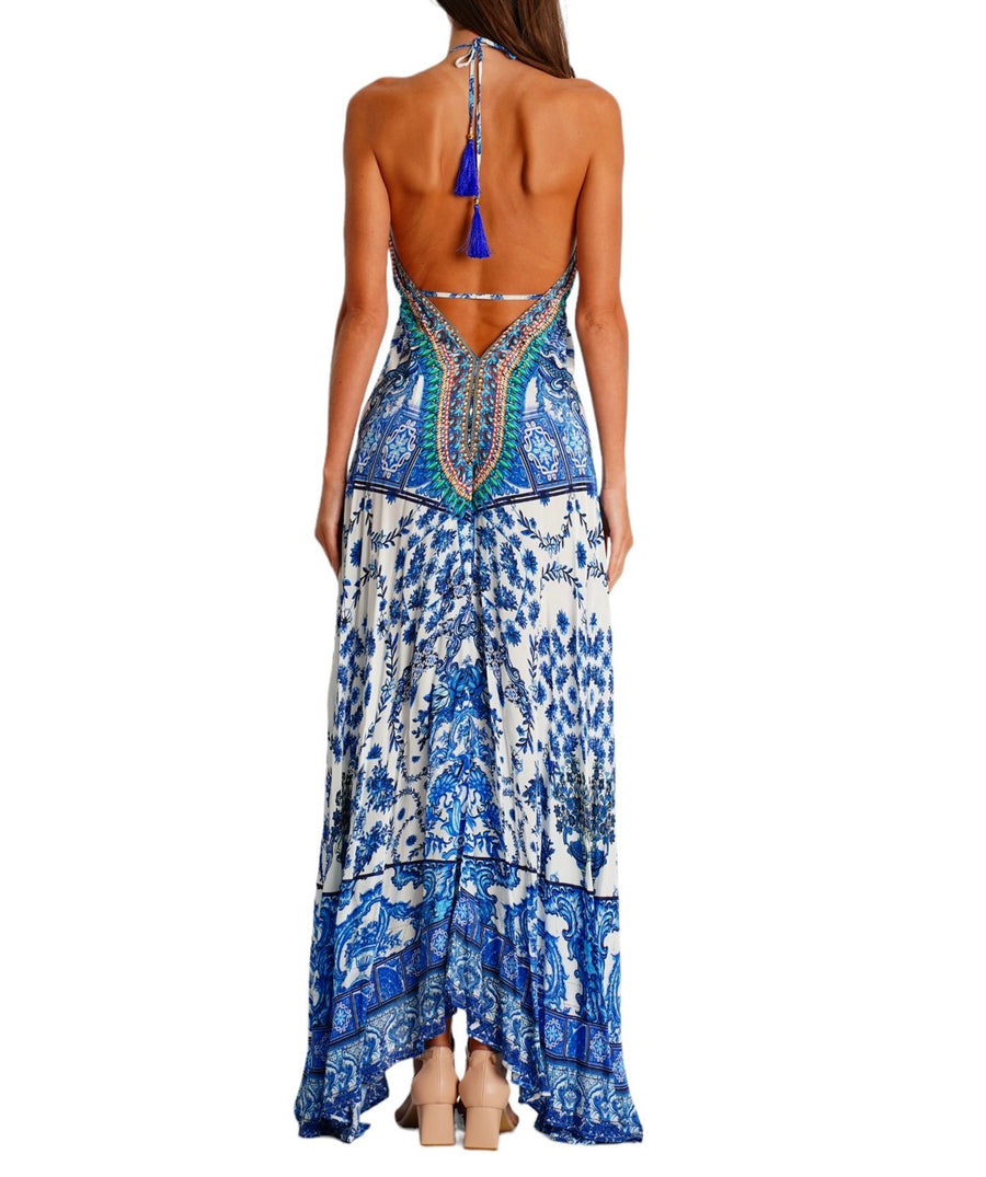 LA MODA Cleopatra Maxi Halter High Low Dress 25034 MXD – A stunning maxi dress with a halter neckline, high-low hem, and elegant Cleopatra-inspired design, perfect for resort wear and special occasions