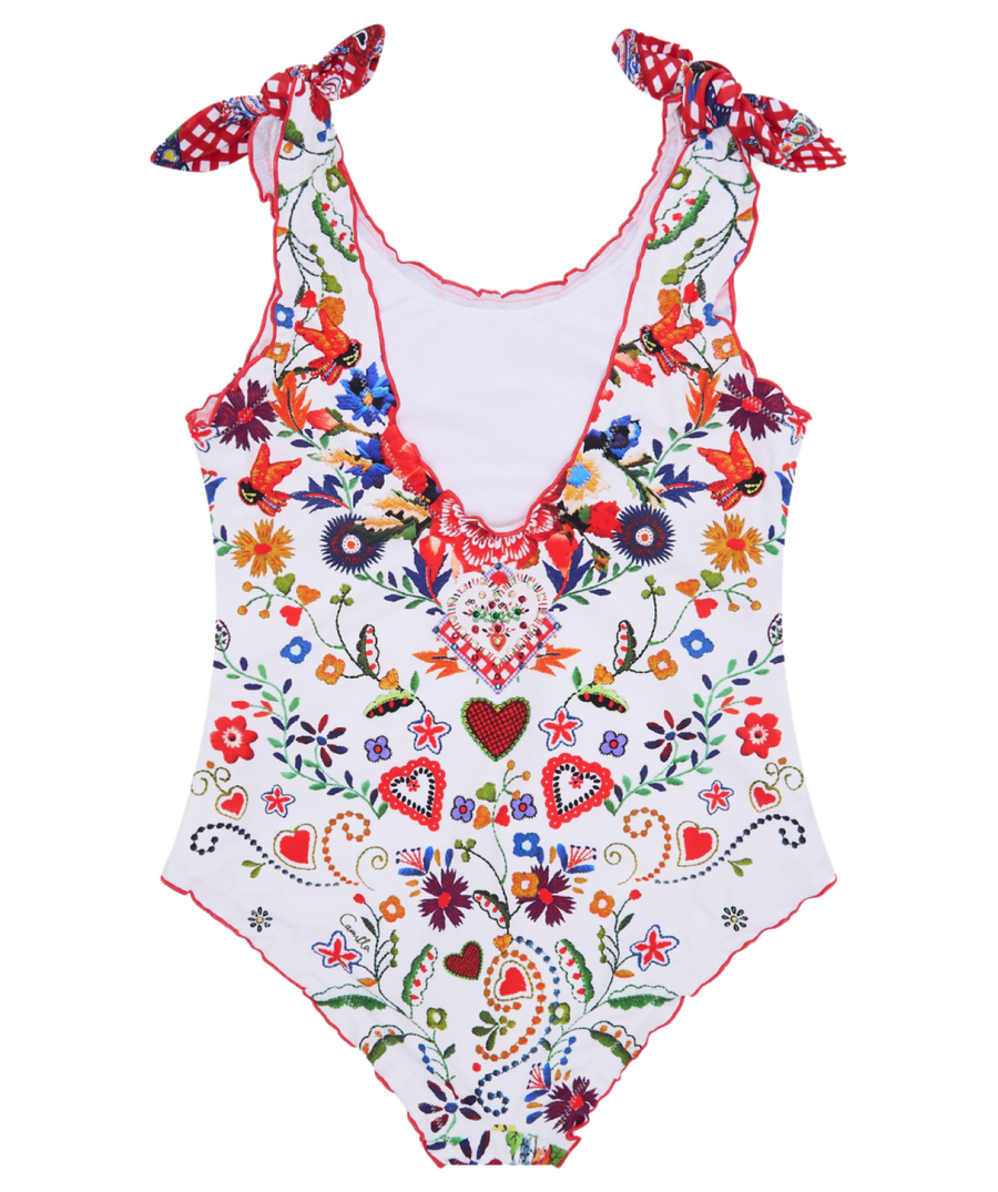 CAMILLA Faith, Luck & Justice One Piece Swimsuit 00034363 – A striking one-piece swimsuit featuring a bold symbolic print, flattering fit, and luxe, comfortable fabric