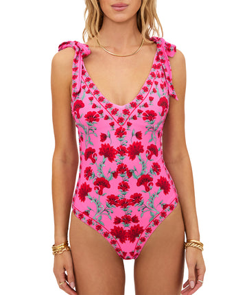 Vibrant Redwood Floral swimsuit with tie straps, V-neckline, scoop back, and moderate coverage. Soft double-lined fabric offers comfort and a sleek silhouette.