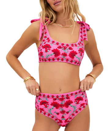 Adjustable scoop-neck top with medium support and soft stretch fabric. Mid-rise, moderate-coverage bottoms in vibrant Redwood Floral for a flattering look.