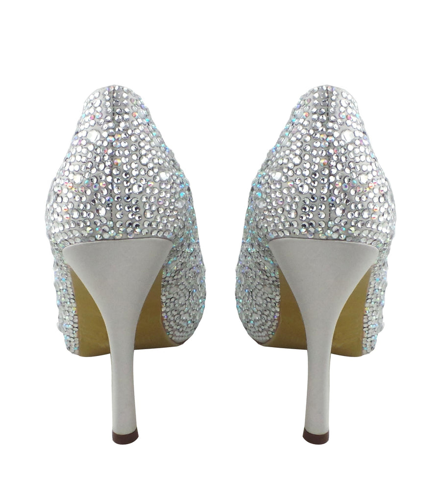 Benjamin Adams Athens silver jewel-encrusted peep toe pumps. Featuring dazzling crystals, and a satin finish. Perfect for elegant occasions