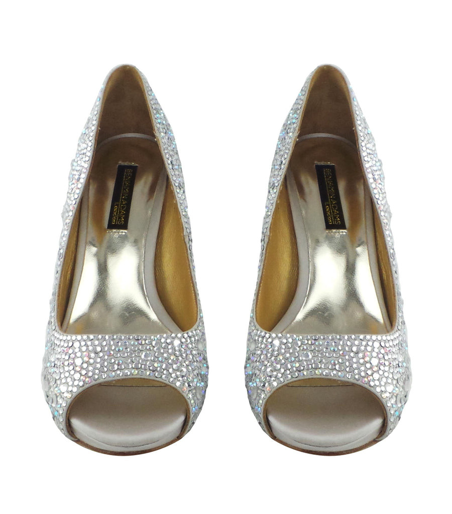 Benjamin Adams Athens silver jewel-encrusted peep toe pumps. Featuring dazzling crystals, and a satin finish. Perfect for elegant occasions