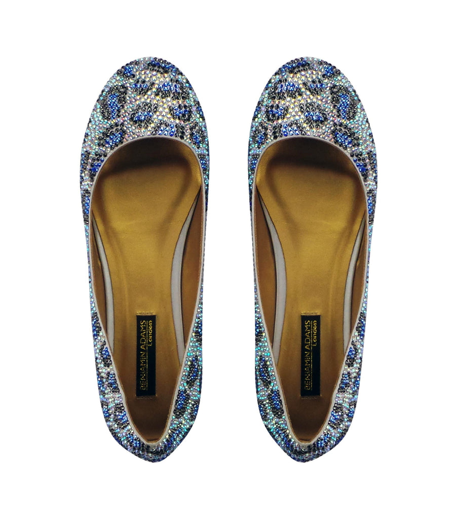 Benjamin Adams Memphis Jewel Leopard Ballerinas in blue. Perfect for chic &amp; glamorous looks.