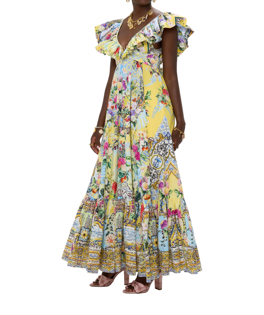CAMILLA Flor Fantástica Long Frill Dress 00033638 – A statement long dress featuring layered frills, ornate Flor Fantástica print, and signature CAMILLA embellishments.