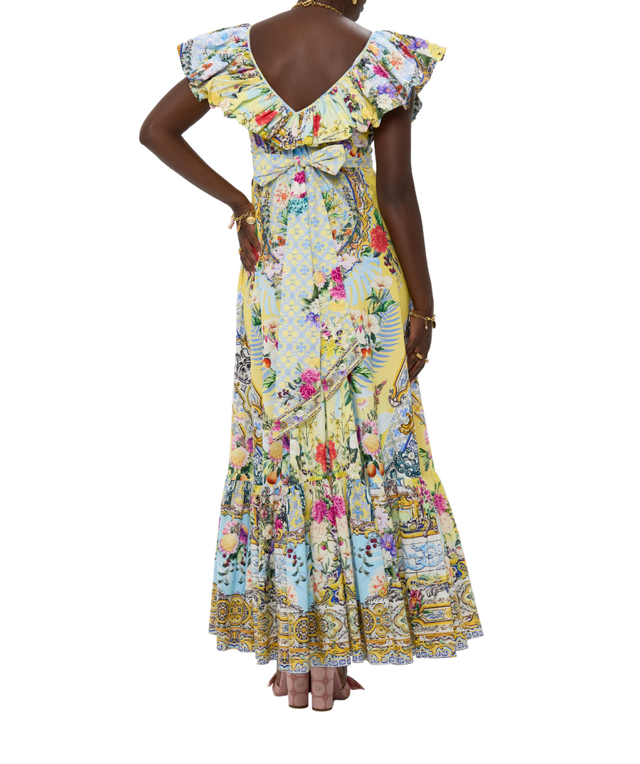 CAMILLA Flor Fantástica Long Frill Dress 00033638 – A statement long dress featuring layered frills, ornate Flor Fantástica print, and signature CAMILLA embellishments.