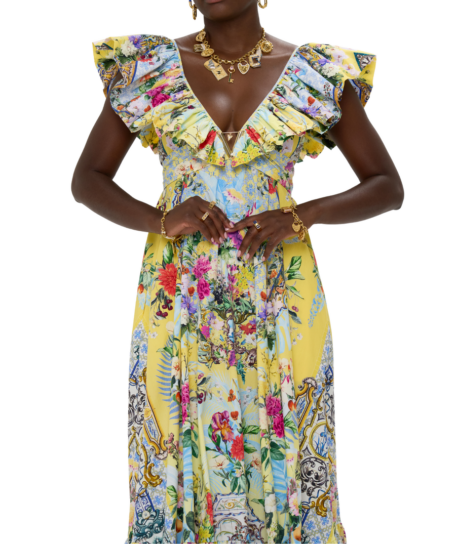 CAMILLA Flor Fantástica Long Frill Dress 00033638 – A statement long dress featuring layered frills, ornate Flor Fantástica print, and signature CAMILLA embellishments.