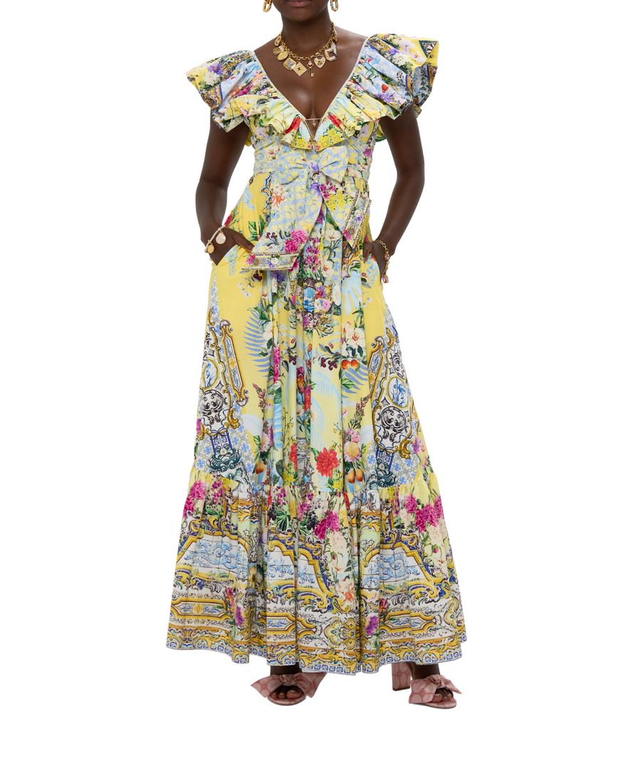 CAMILLA Flor Fantástica Long Frill Dress 00033638 – A statement long dress featuring layered frills, ornate Flor Fantástica print, and signature CAMILLA embellishments.