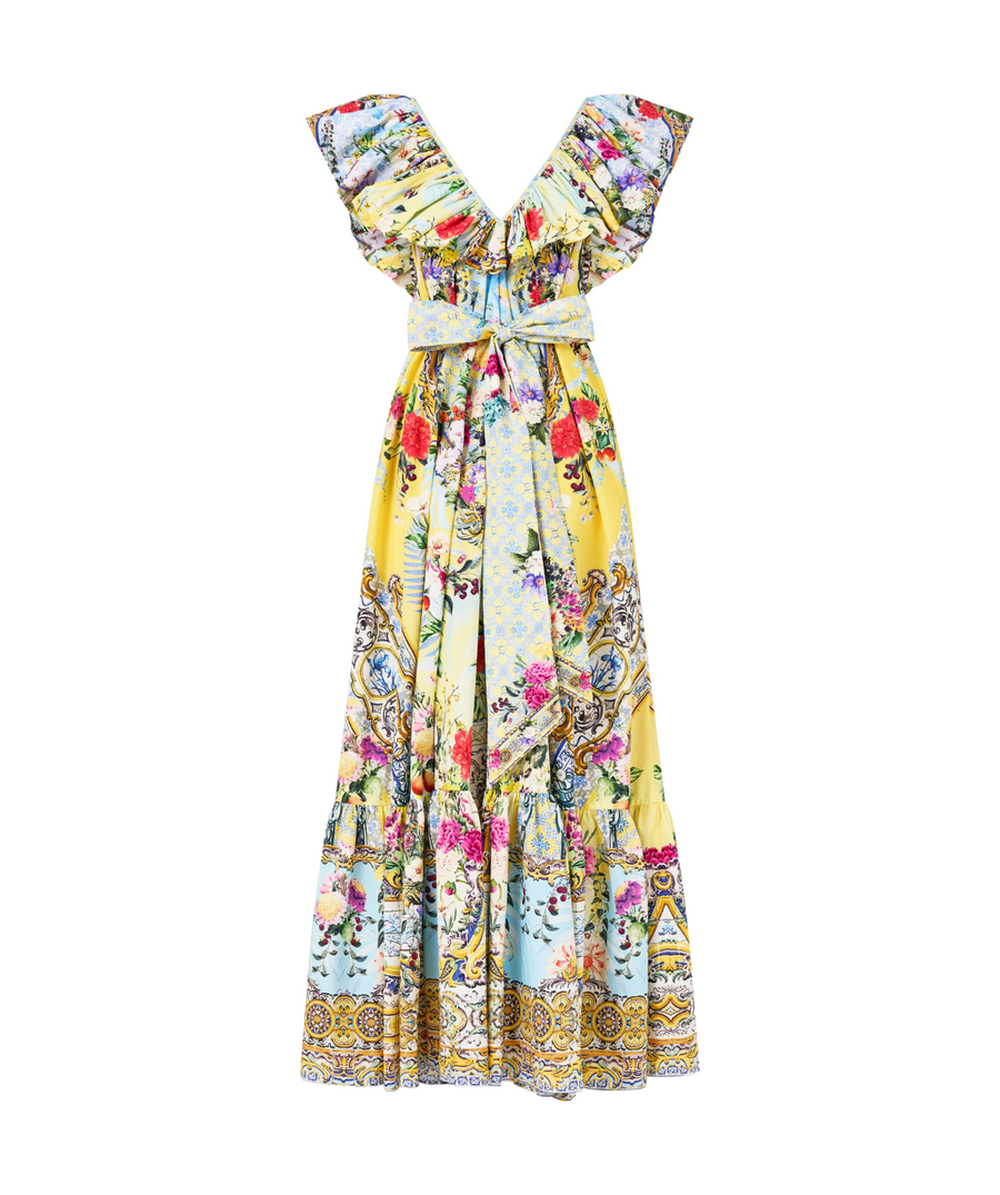 CAMILLA Flor Fantástica Long Frill Dress 00033638 – A statement long dress featuring layered frills, ornate Flor Fantástica print, and signature CAMILLA embellishments.