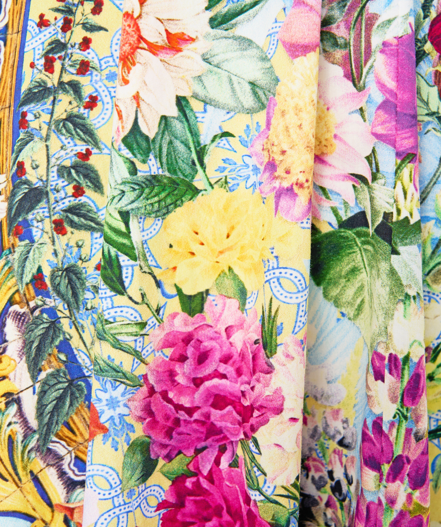 CAMILLA Flor Fantástica Long Frill Dress 00033638 – A statement long dress featuring layered frills, ornate Flor Fantástica print, and signature CAMILLA embellishments.