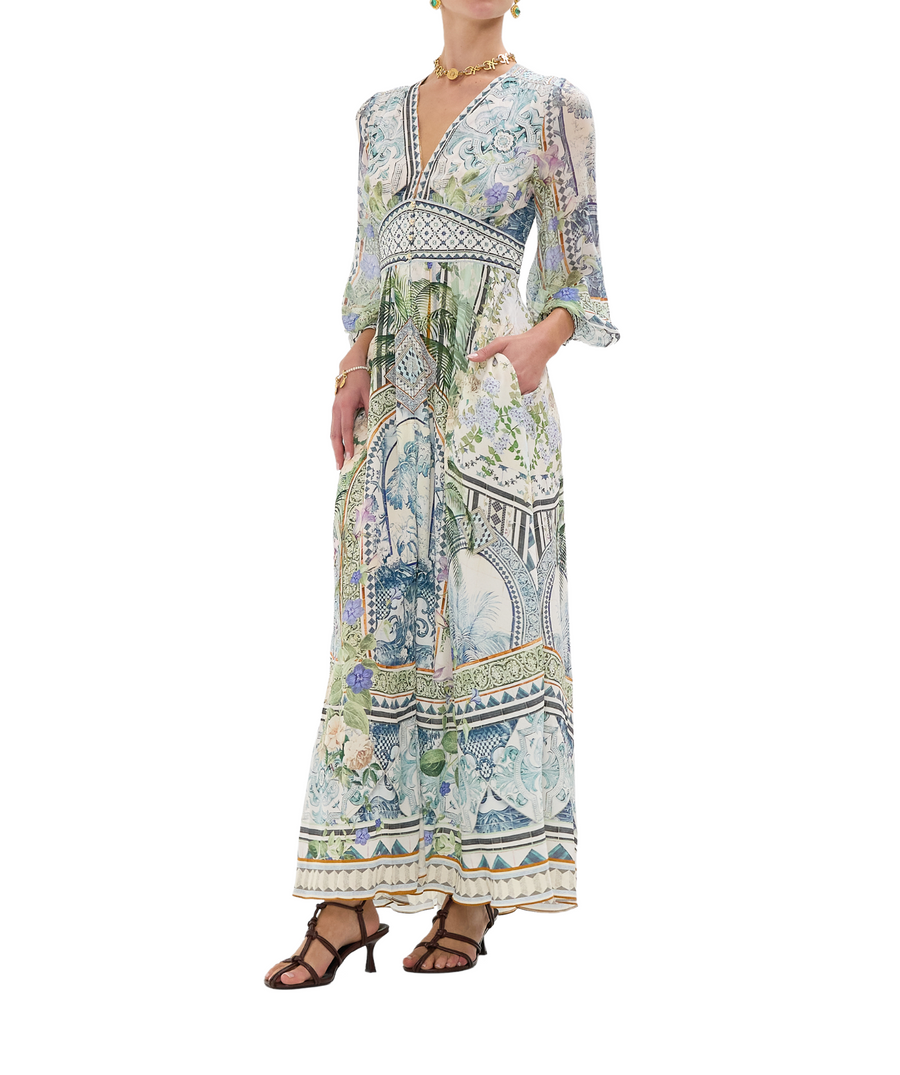 CAMILLA Jardim Party Long Dress 00033708 – A striking long dress adorned with the vivid Jardim Party print, luxurious embellishments, and a graceful flowing design