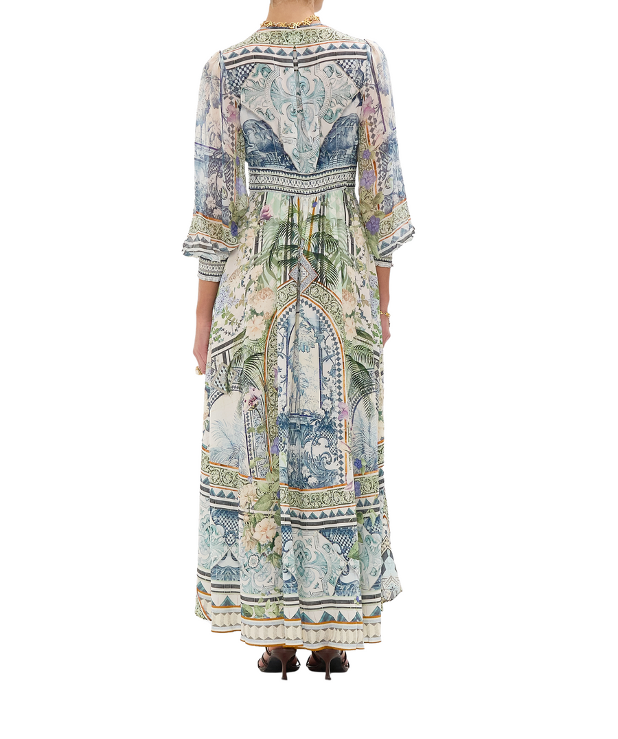 CAMILLA Jardim Party Long Dress 00033708 – A striking long dress adorned with the vivid Jardim Party print, luxurious embellishments, and a graceful flowing design
