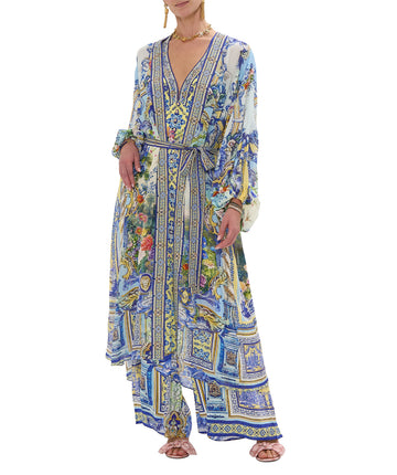 CAMILLA Wall To Wall Wonders Long Robe 00034042 – A luxurious long robe adorned with a vibrant signature print, flowing silhouette, and crystal embellishments