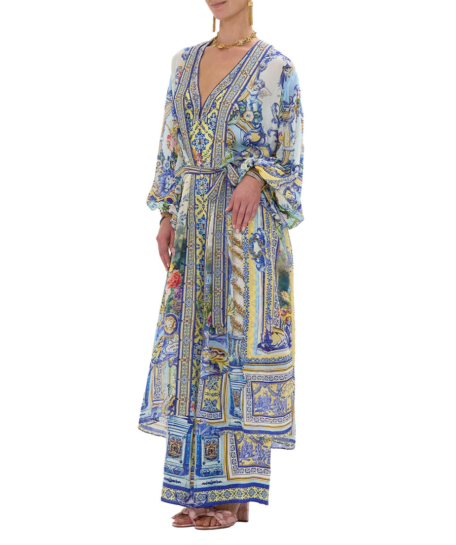 CAMILLA Wall To Wall Wonders Long Robe 00034042 – A luxurious long robe adorned with a vibrant signature print, flowing silhouette, and crystal embellishments