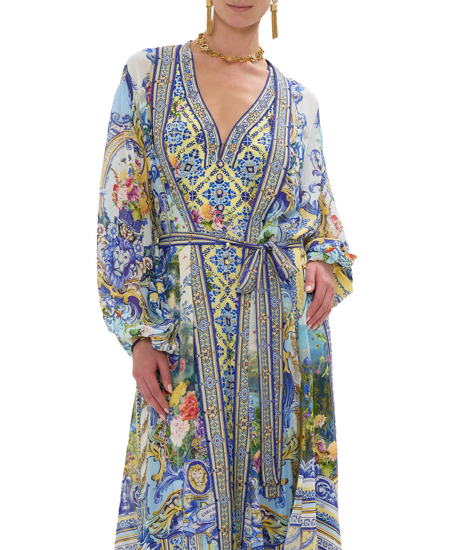 CAMILLA Wall To Wall Wonders Long Robe 00034042 – A luxurious long robe adorned with a vibrant signature print, flowing silhouette, and crystal embellishments