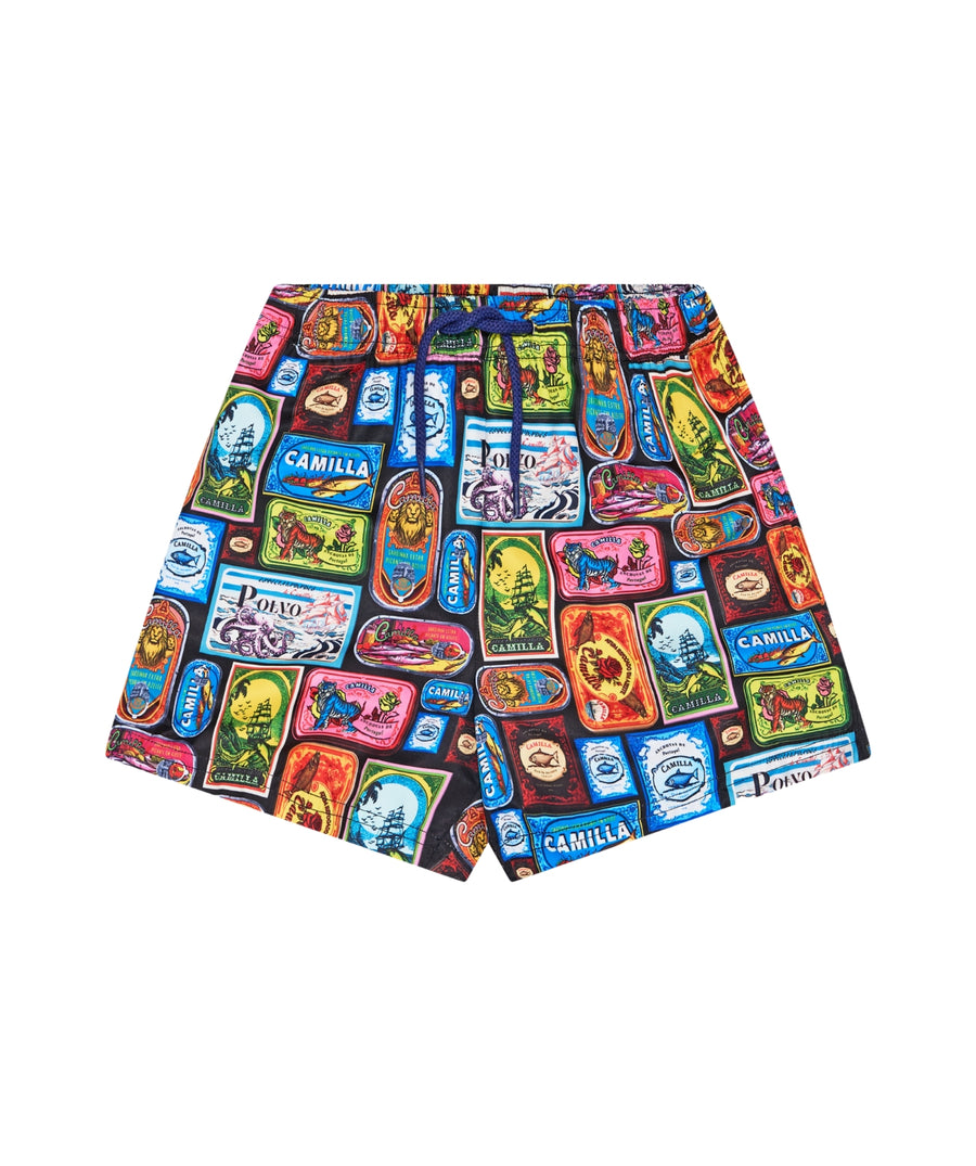 CAMILLA Sal Do Mar Boardshort 00034063 – Ocean-hued boardshorts showcasing the Sal Do Mar print, crafted with quick-dry fabric and a comfortable, tailored silhouette