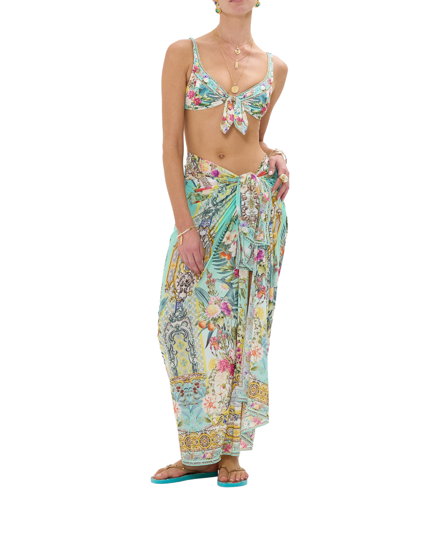 CAMILLA Gardens Of Queluz Long Sarong 00034227 – A flowing long sarong adorned with an ornate garden-inspired print, crafted from soft, luxurious fabric for versatile styling