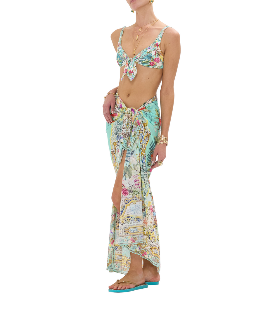 CAMILLA Gardens Of Queluz Long Sarong 00034227 – A flowing long sarong adorned with an ornate garden-inspired print, crafted from soft, luxurious fabric for versatile styling