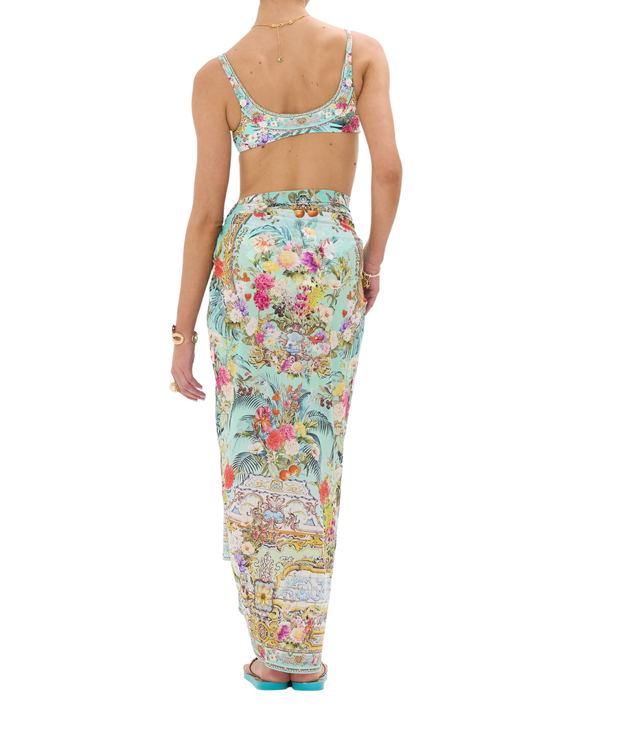 CAMILLA Gardens Of Queluz Long Sarong 00034227 – A flowing long sarong adorned with an ornate garden-inspired print, crafted from soft, luxurious fabric for versatile styling