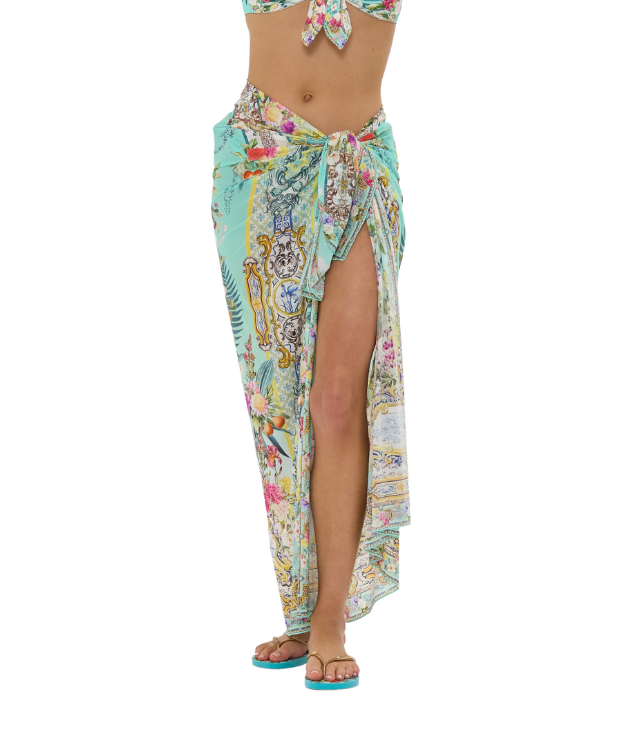 CAMILLA Gardens Of Queluz Long Sarong 00034227 – A flowing long sarong adorned with an ornate garden-inspired print, crafted from soft, luxurious fabric for versatile styling