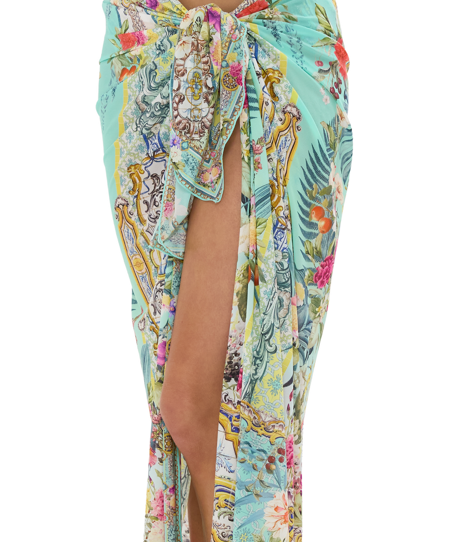 CAMILLA Gardens Of Queluz Long Sarong 00034227 – A flowing long sarong adorned with an ornate garden-inspired print, crafted from soft, luxurious fabric for versatile styling