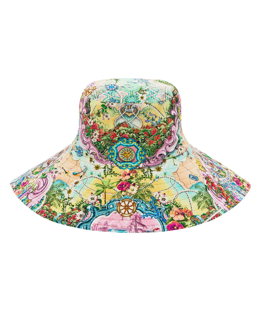 Stay stylish under the sun with the CAMILLA Just Coasting Bucket Hat 00035858, featuring oceanic prints, breathable fabric, and chic coastal flair.