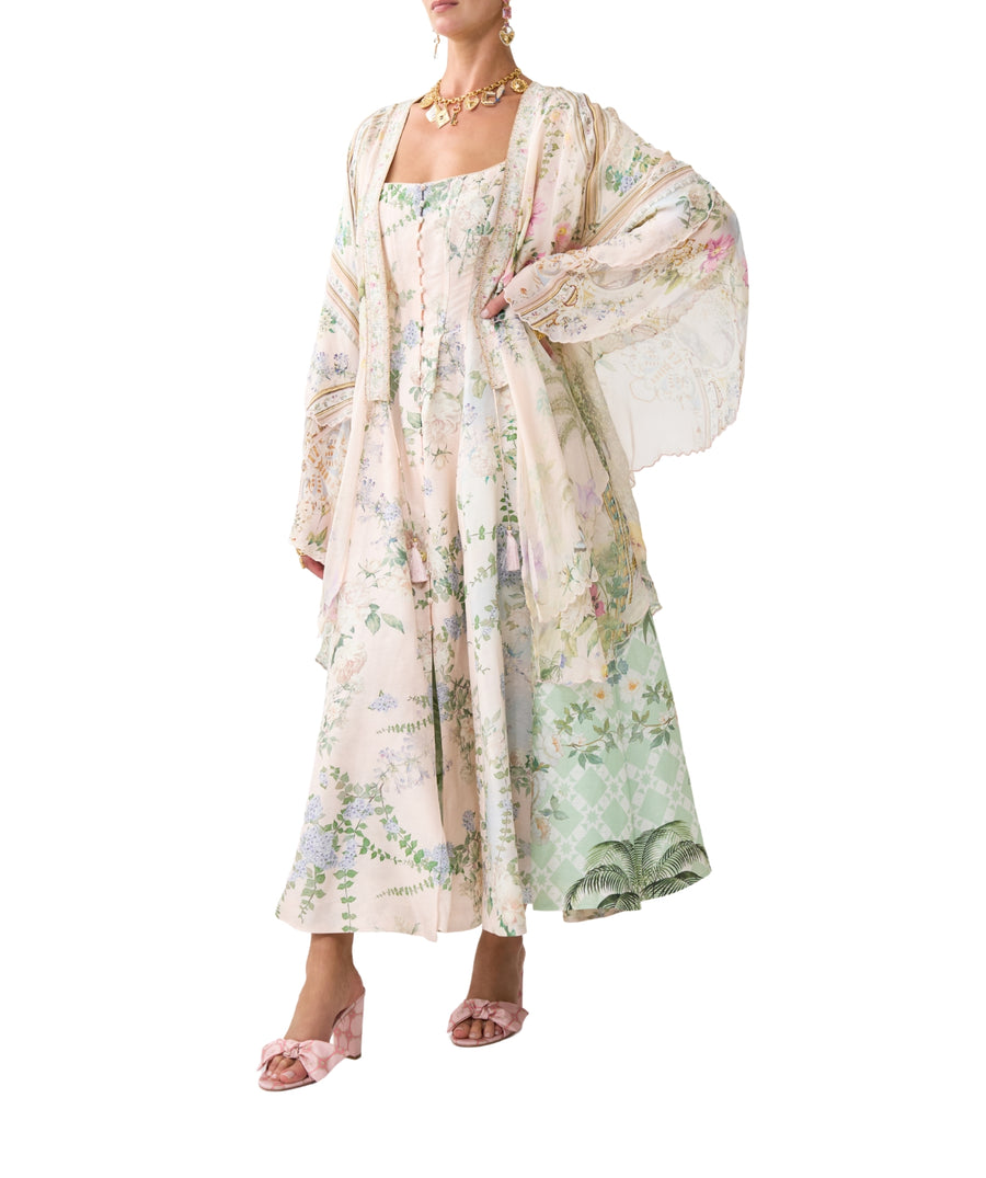 CAMILLA Palacio Playground Long Robe 00036034 showcases luxurious printed silk, a relaxed silhouette, and waist tie for an elegant, resort-ready layering piece.