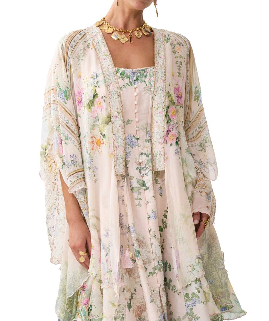 CAMILLA Palacio Playground Long Robe 00036034 showcases luxurious printed silk, a relaxed silhouette, and waist tie for an elegant, resort-ready layering piece.