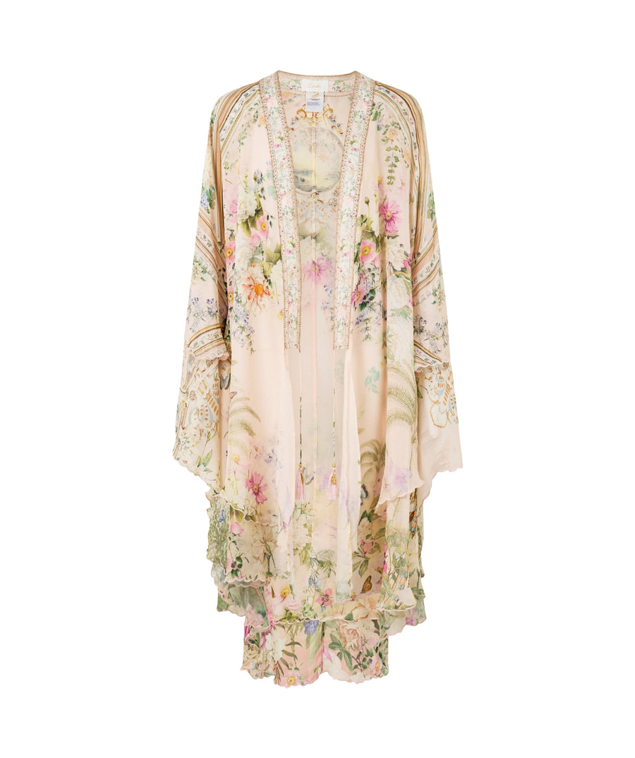 CAMILLA Palacio Playground Long Robe 00036034 showcases luxurious printed silk, a relaxed silhouette, and waist tie for an elegant, resort-ready layering piece.