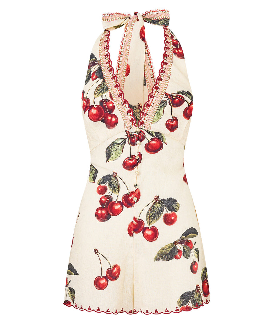 CAMILLA Notes From The Road Halter Playsuit 00036586 – A boho-luxe piece with vibrant prints, perfect for summer escapes. Limited edition.