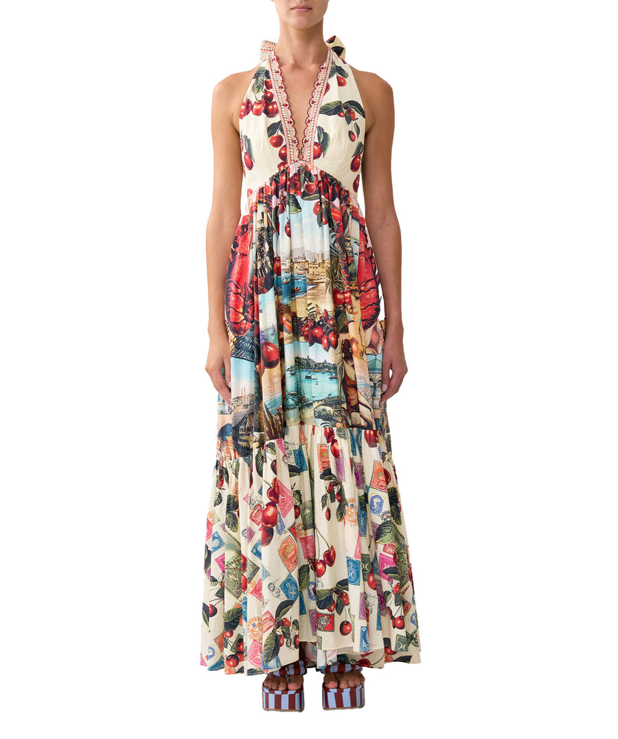 CAMILLA Notes From The Road Ruffle Hem Halter Dress 00036824 – A flowing, vibrant silhouette with luxe details for effortless elegance. Shop the look now.