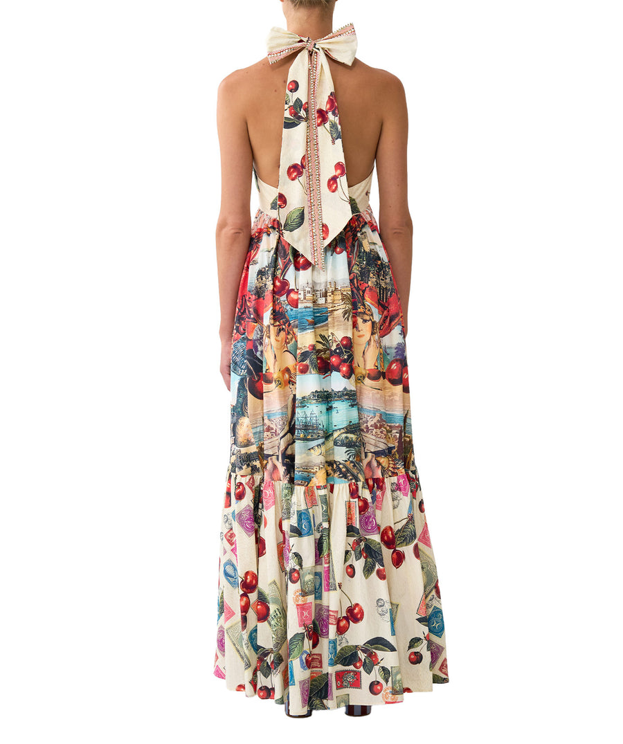 CAMILLA Notes From The Road Ruffle Hem Halter Dress 00036824 – A flowing, vibrant silhouette with luxe details for effortless elegance. Shop the look now.