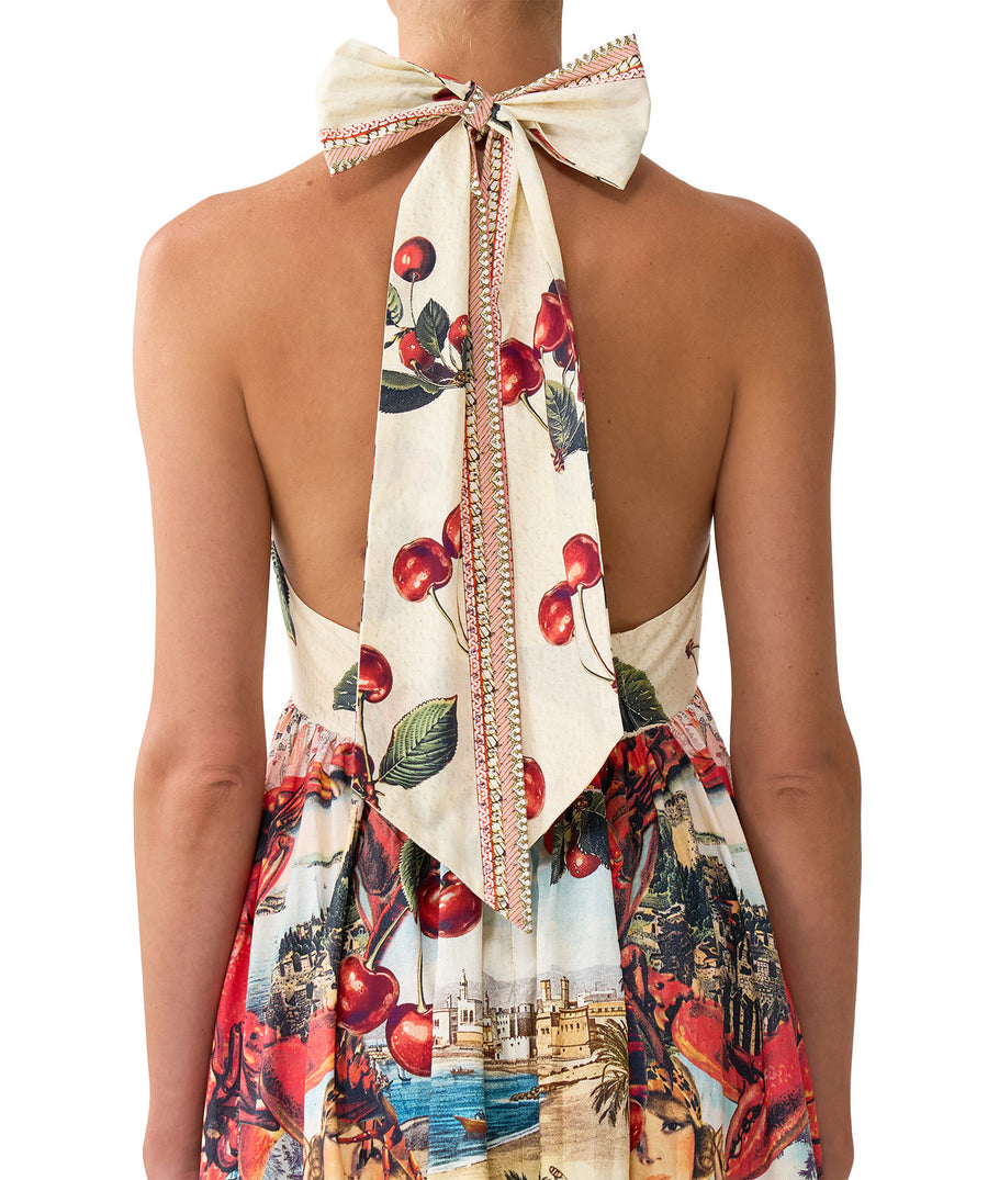 CAMILLA Notes From The Road Ruffle Hem Halter Dress 00036824 – A flowing, vibrant silhouette with luxe details for effortless elegance. Shop the look now.