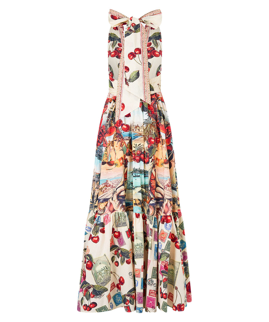 CAMILLA Notes From The Road Ruffle Hem Halter Dress 00036824 – A flowing, vibrant silhouette with luxe details for effortless elegance. Shop the look now.