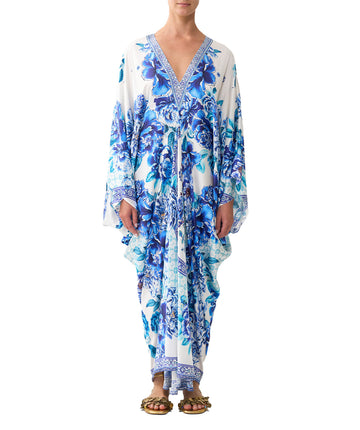 Embrace effortless elegance with CAMILLA A Ceramic Garden T-Shape Long Kaftan 00037043 – flowing silhouette, vibrant print, and luxurious resort style.
