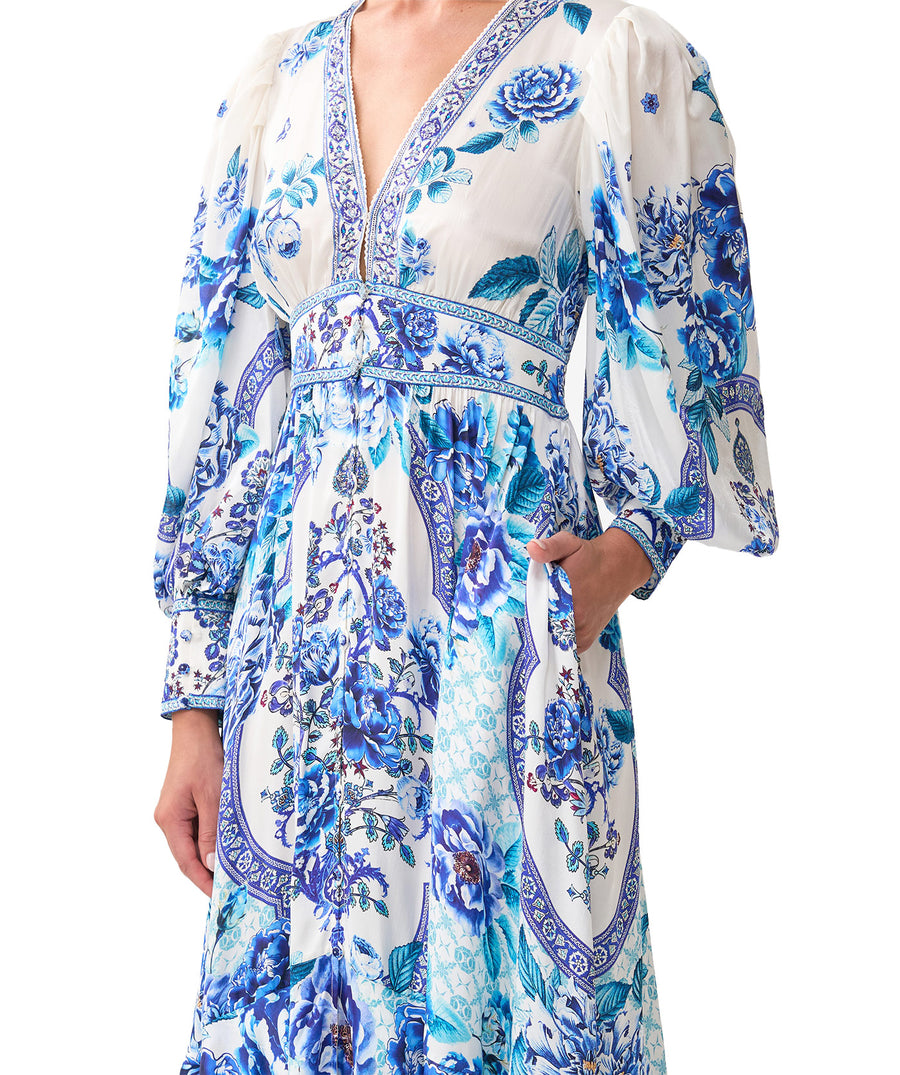 CAMILLA A Ceramic Garden Long Button Front Dress 00037044 – elegant maxi with button details, luxe silk, and vibrant prints for timeless style.