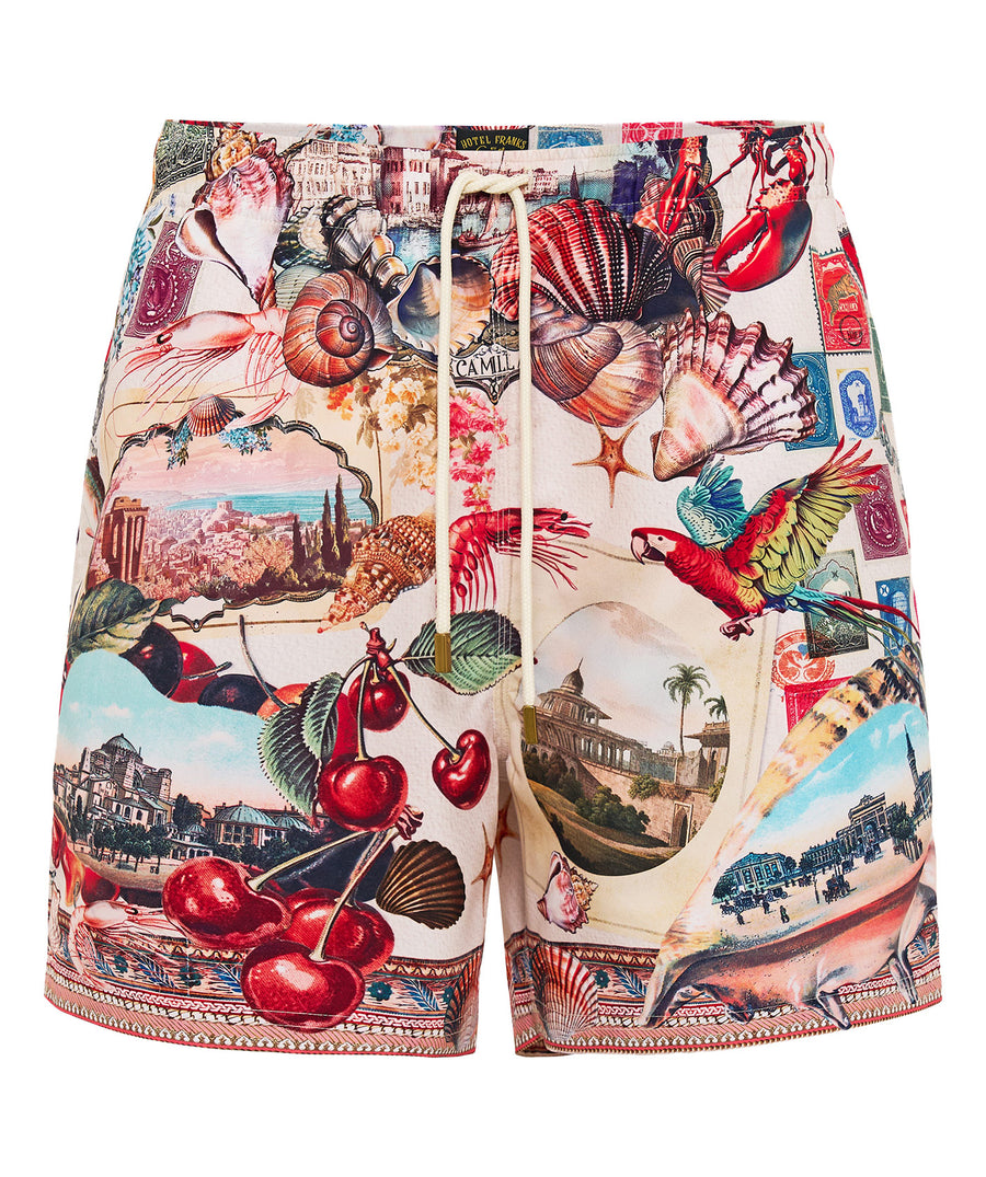 The CAMILLA Notes From The Road Boardshort 00037066 features bold prints, adjustable drawcord, and quick-dry fabric—perfect for stylish days by the water.