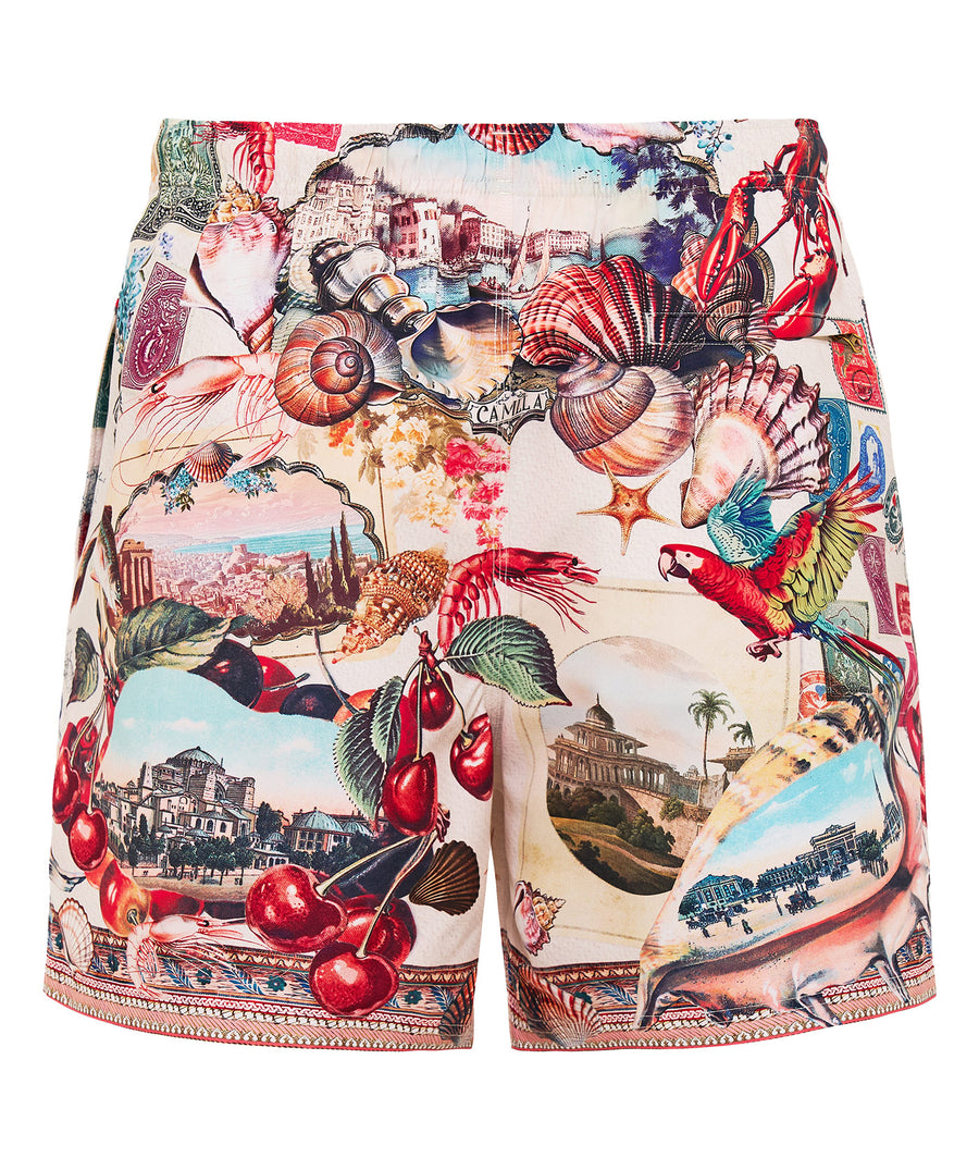 The CAMILLA Notes From The Road Boardshort 00037066 features bold prints, adjustable drawcord, and quick-dry fabric—perfect for stylish days by the water.