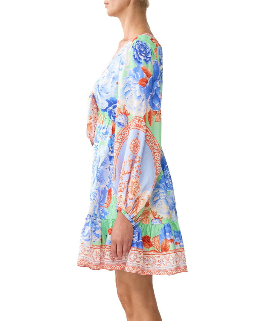 camilla short dress with tie front CAMILLA TIE FRONT SHORT DRESS WITH HEM RUFFLE - 00040412-OLEOLEEE