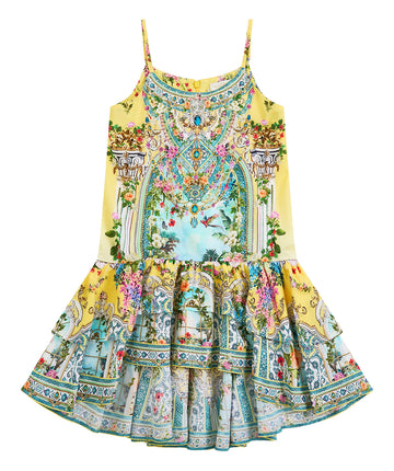 The CAMILLA Tales of Topkapi Palace Hi-Low Dress 00037360 features a flowing hem, vibrant print, and crystal embellishments—perfect for elevated summer style.