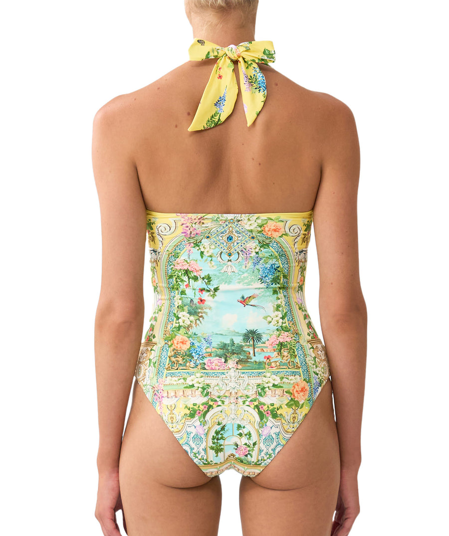 The CAMILLA Tales of Topkapi Palace Halter One Piece 00037489 features a plunging neckline, crystal embellishments, and luxe prints for standout swim style.