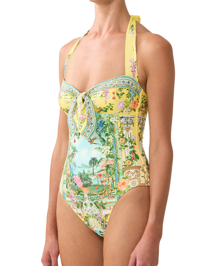The CAMILLA Tales of Topkapi Palace Halter One Piece 00037489 features a plunging neckline, crystal embellishments, and luxe prints for standout swim style.